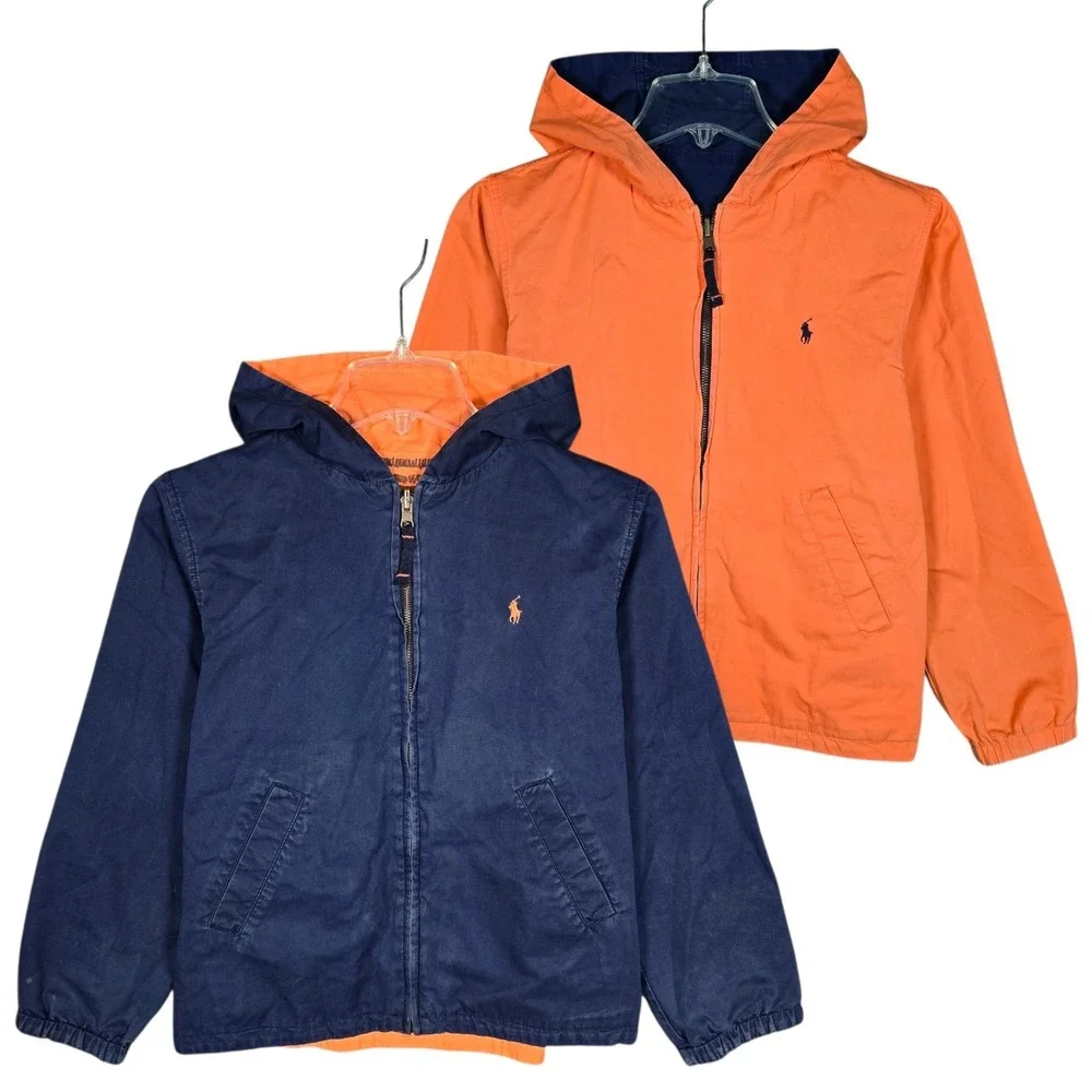 VTG Polo‎ Ralph Lauren Jacket Boys Small Reversible Full Zip Hooded Blue Orange